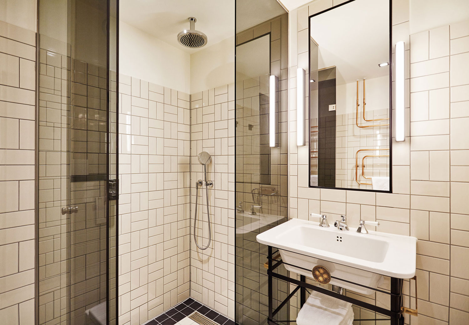 Shower and sink in bathroom