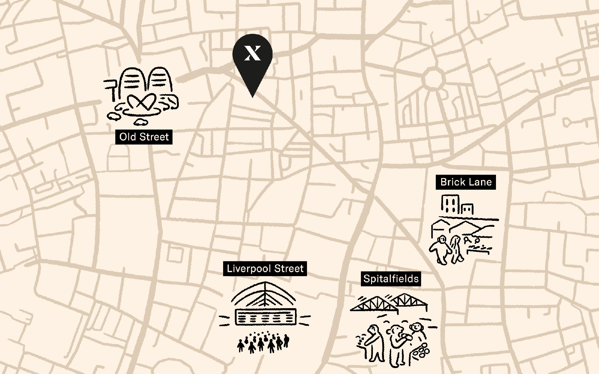 Illustrated map of Shoreditch showing proximity to Old Street, Liverpool Street, Spitalfields and Brick Lane