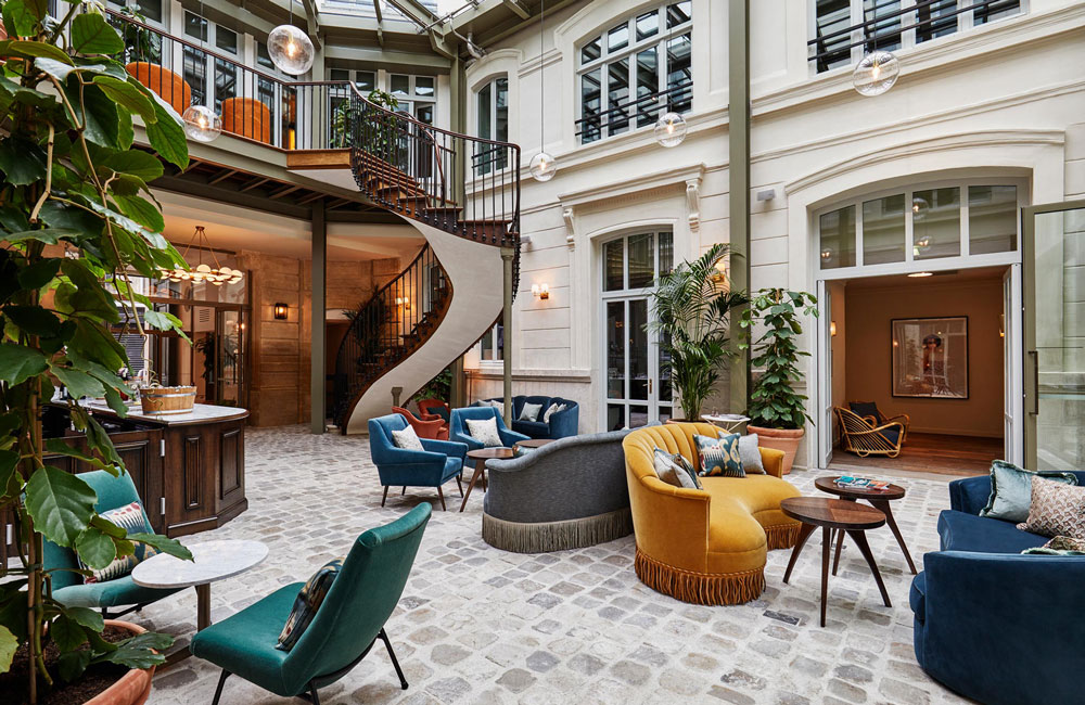 The hotel lobby used to be a courtyard and has a cobbled stone floor and very high, glass ceilings