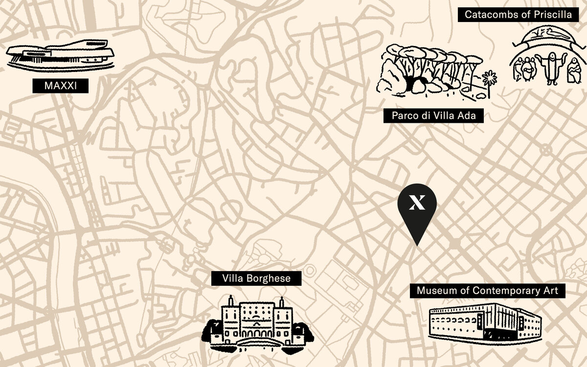 Carte de l'hôtel de Rome par rapport au Musée d'art contemporain, au Parco di Villa Ada, aux Catacombes de Priscilla, à la Villa Borghese et au MAXXI.