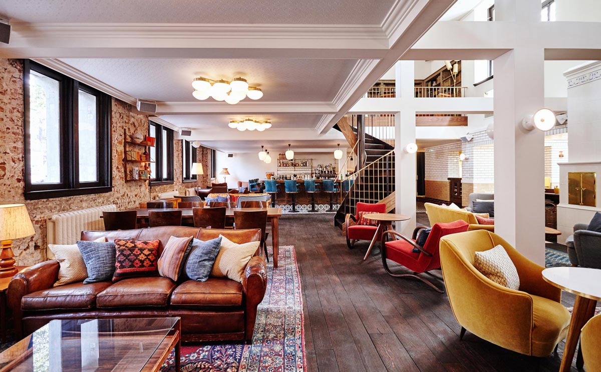Colourful chairs in the hotel lobby in Amsterdam