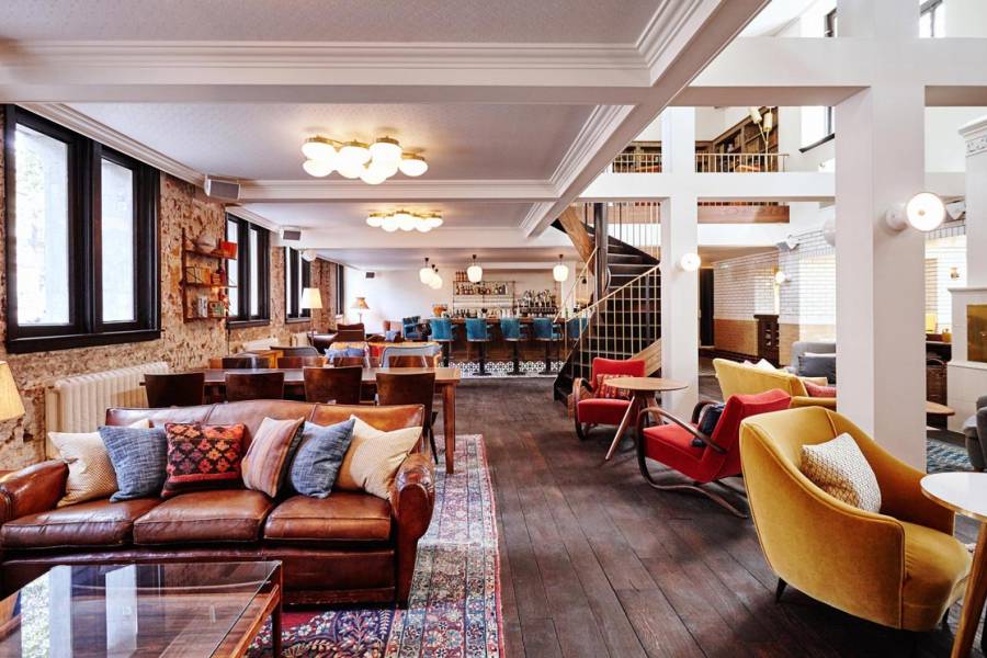 Colourful chairs in the hotel lobby in Amsterdam