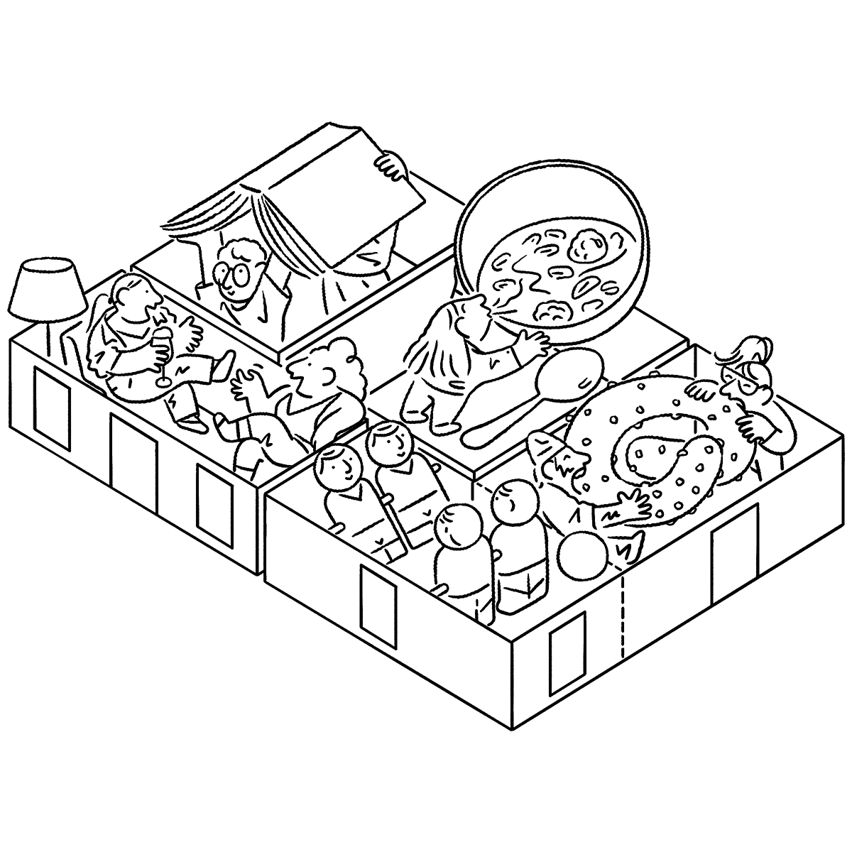 Illustration of a floorplan filled with people working, reading and meeting