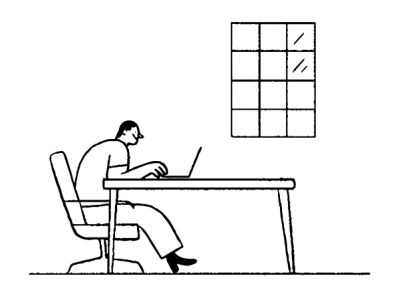Illustration of a man sitting at a desk using a laptop