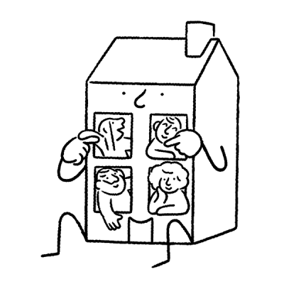 Illustration of a smiling hotel with people inside.