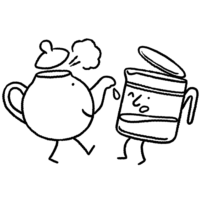 Illustration of a kettle and coffee pot having fun.