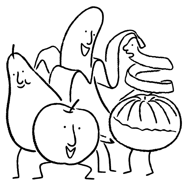 Illustration of fruit with smiling faces.