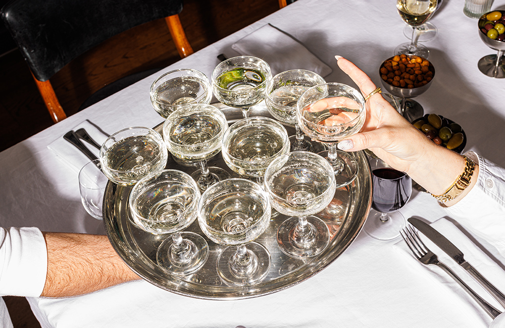 Tray of clear cocktails