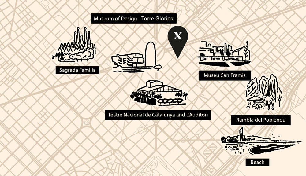 Map of Barcelona detailing local sights such as Sagrada Familia in relation to the hotel