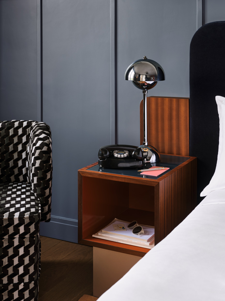 Close up of bedside table and lamp