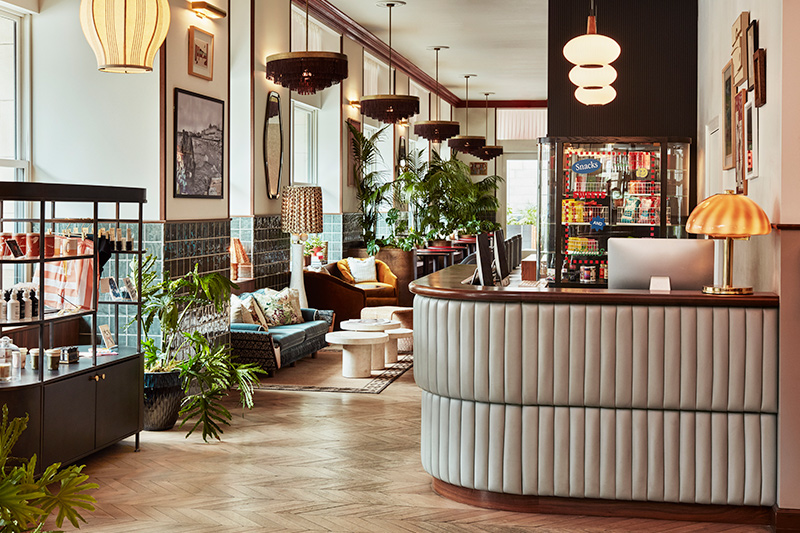 Sunlit lobby at The Hoxton, Downtown LA, available for hire.