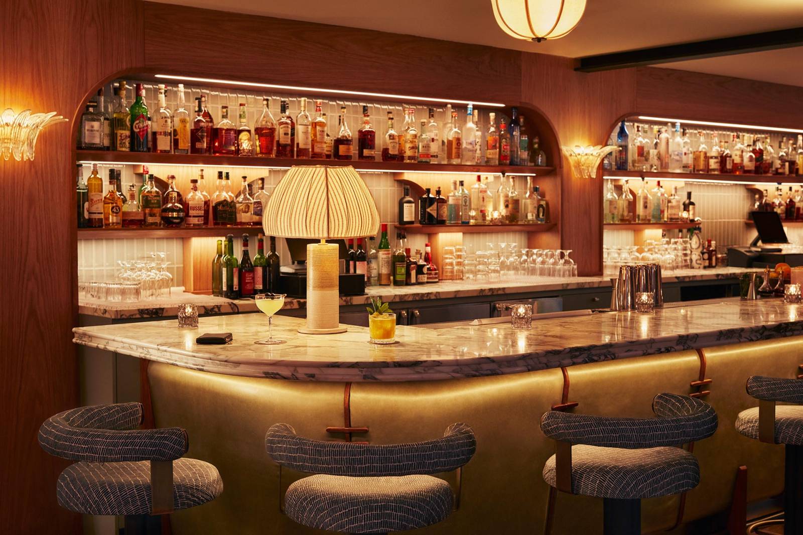 The bar at K'Far in The Hoxton, Williamsburg, with old New York chic.