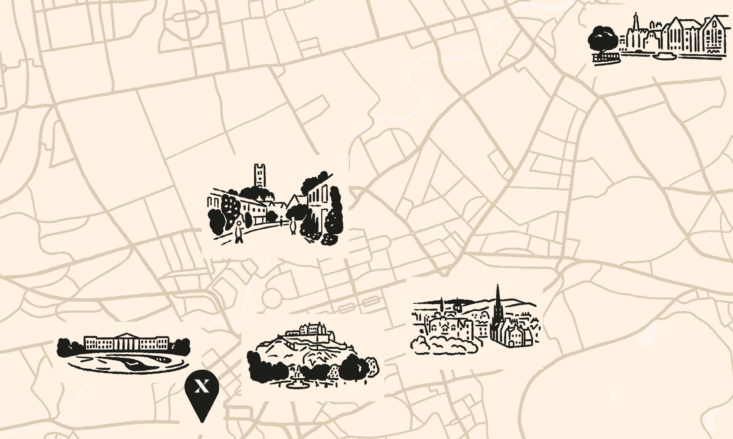 Mappa lineare di Edimburgo che mostra la posizione di Hoxton e delle attrazioni circostanti